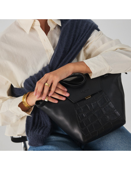 Damen Ledertasche Tote Bag Paris in Schwarz mit Krokodilmuster, Nahaufnahme - MONPIEL