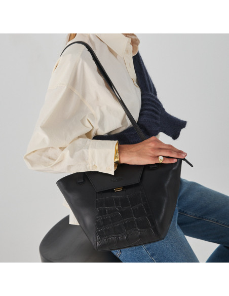 Bolso de piel mujer tote bag paris coco en color negro con vista frontal, colgado al hombro - MONPIEL