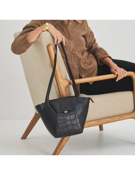 Borsa in pelle donna tote bag Paris in nero con motivo cocco, vista frontale, appesa alla mano - MONPIEL