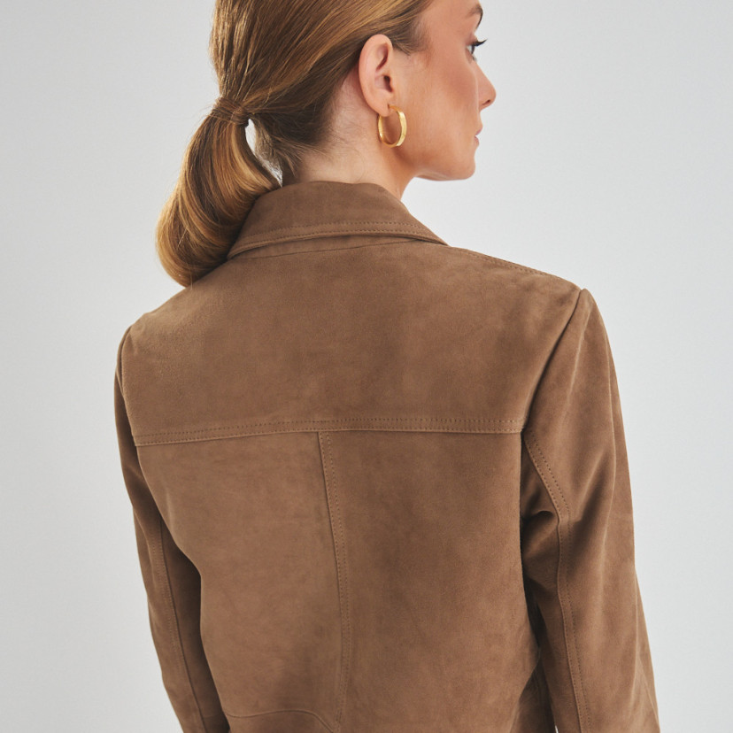 Women's leather jacket with covered buttons in tobacco colour with close-up rear view - MONPIEL