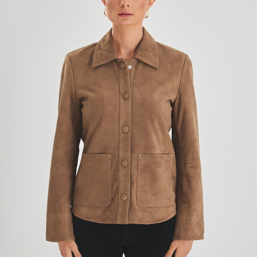 Women's leather jacket with tobacco-coloured buttons, straight front view, medium flat - MONPIEL