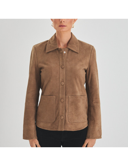 Chaqueta de piel mujer botones borrados en color tabaco con vista frontal recta, plano medio - MONPIEL