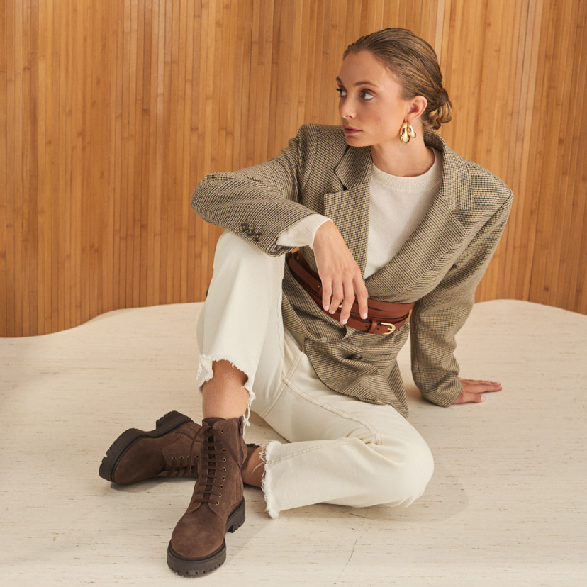Camila lace-up ankle boot in brown suede, wide shot - MONPIEL