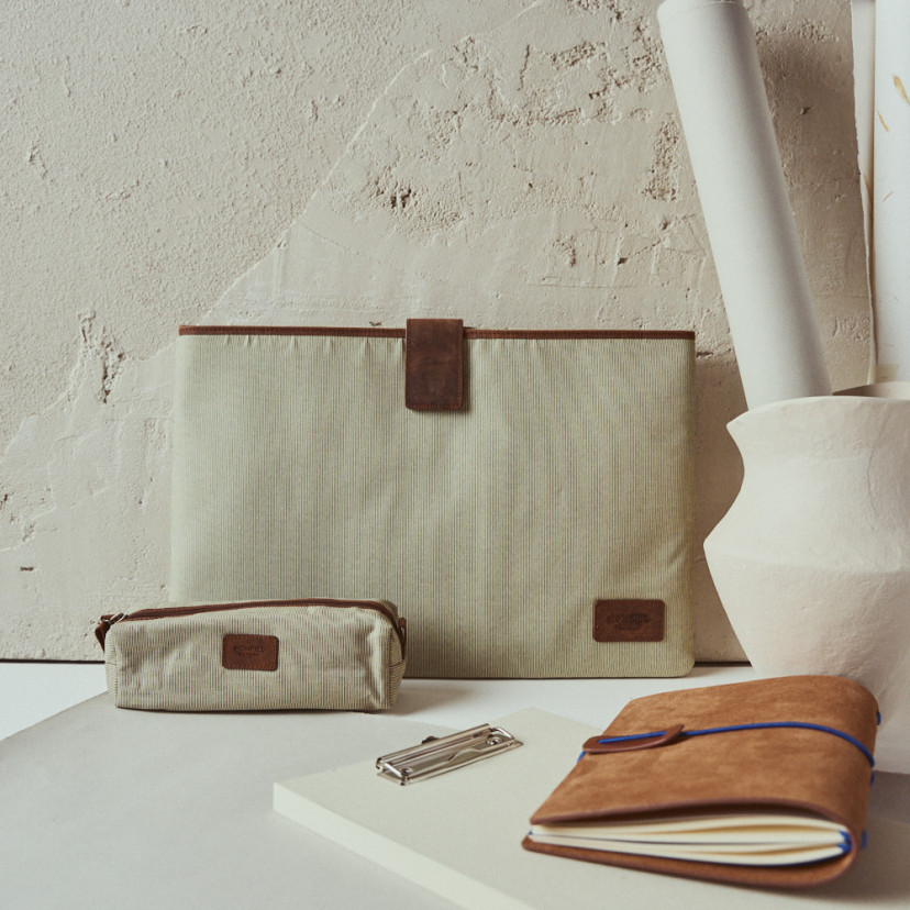15"-inch leather laptop sleeve in beige with front view and matching case next to it - MONPIEL