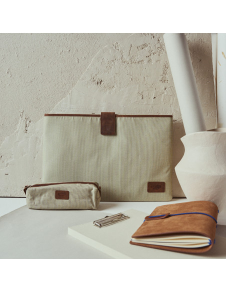 15"-inch beige laptop sleeve, front view, with matching case next to it - MONPIEL