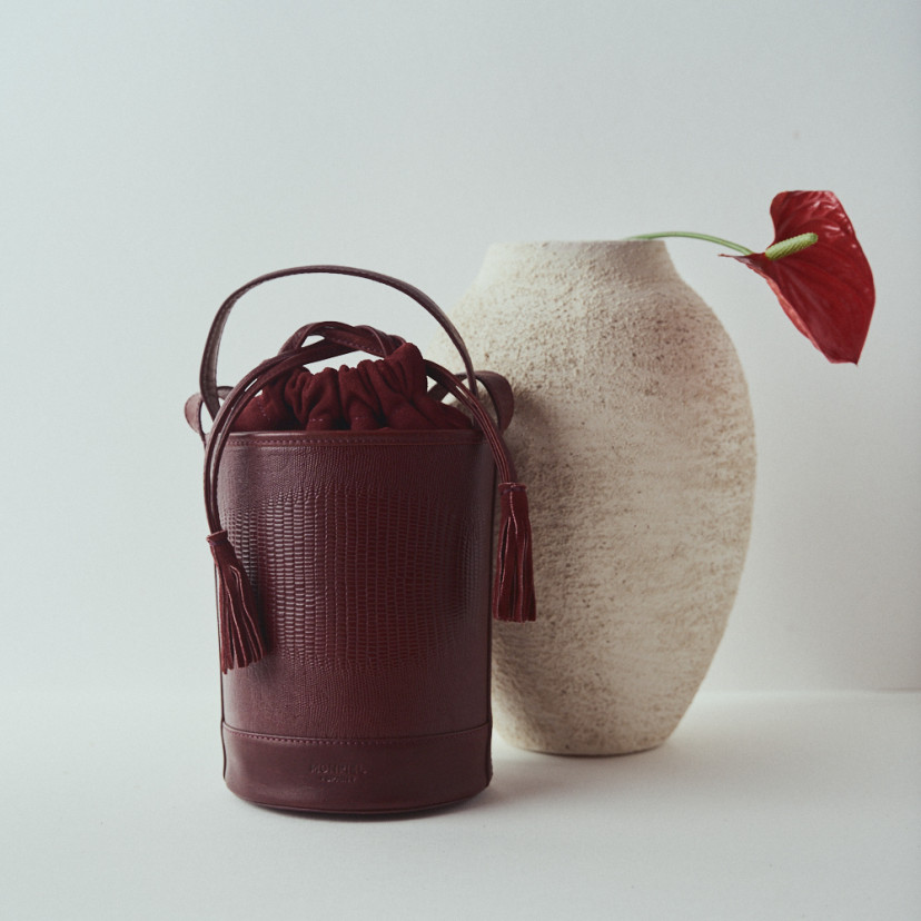 Bolsa pequena de couro redonda tipo bucket em cor serpente bordeaux, vista frontal ao lado de um vaso - MONPIEL