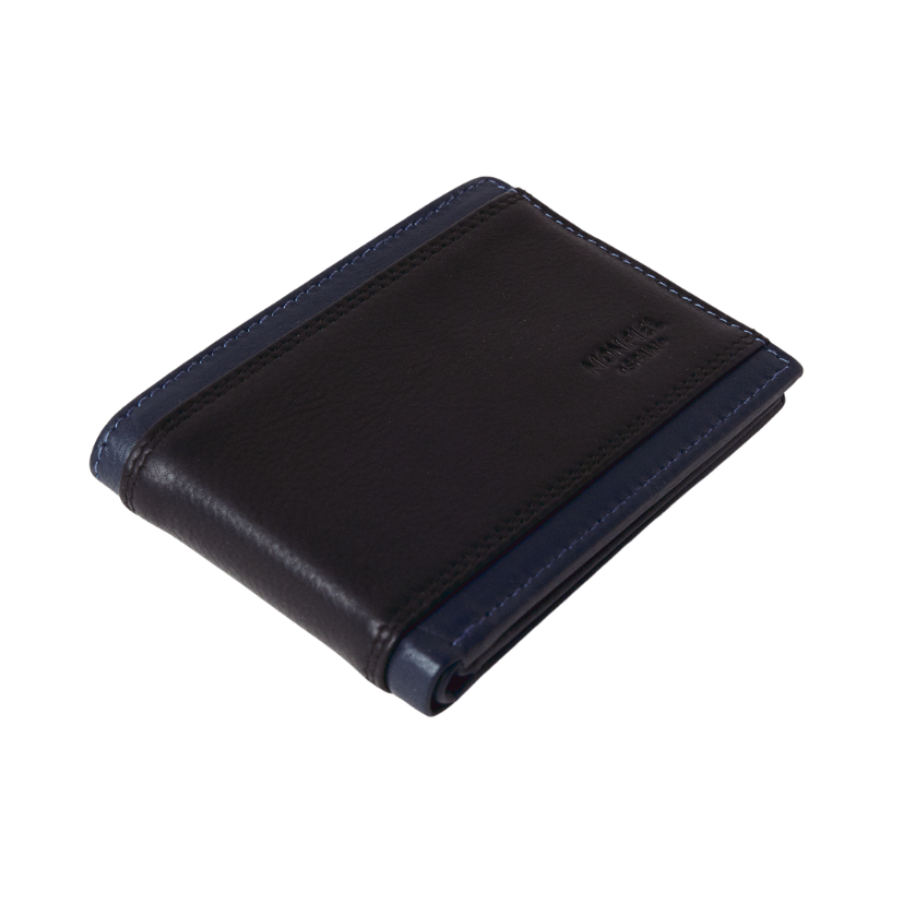 Small American wallet Lago without coin pocket in black leather, perspective view - MONPIEL
