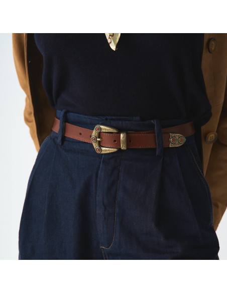 Women's Leather Belt with Coral Buckle and Tip