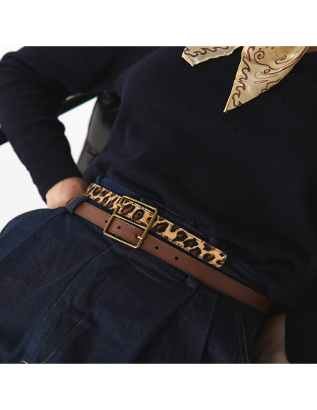 Women's Bicolor Leather Belt with Double Buckle