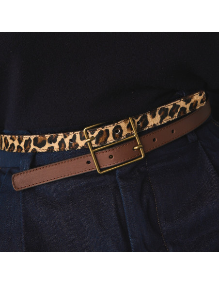 Women's Bicolor Leather Belt with Double Buckle