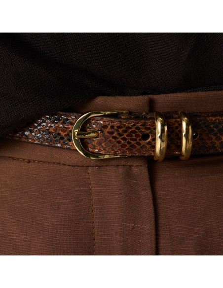 Women's Narrow Leather Belt with Gold Buckle
