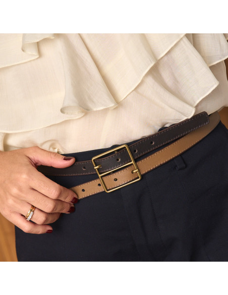 Women's Bicolor Leather Belt with Double Buckle
