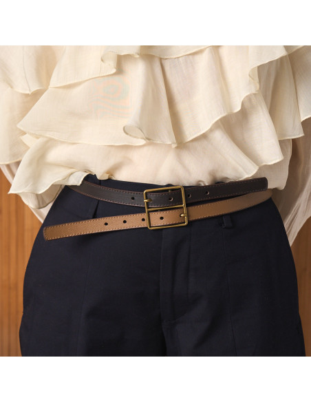 Women's Bicolor Leather Belt with Double Buckle