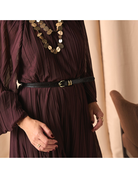 Women's Narrow Leather Belt with Gold Buckle