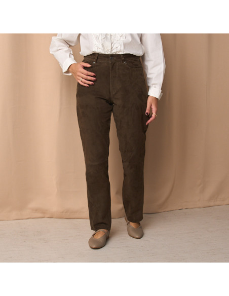Pantaloni in Pelle Scamosciata con Cinque Tasche