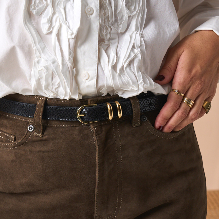 Women's Narrow Leather Belt with Gold...