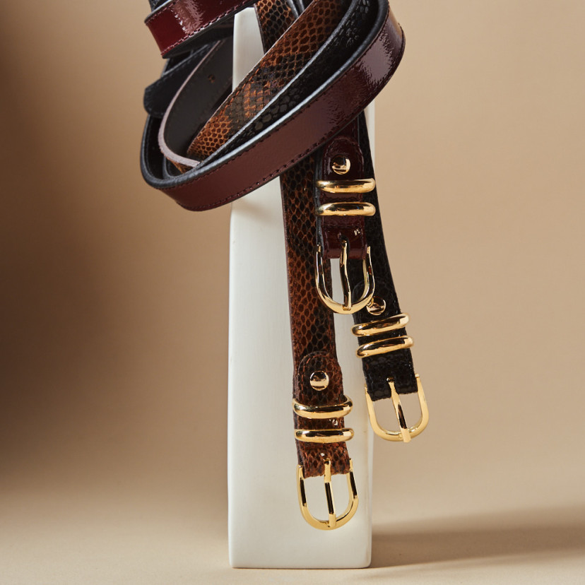 Women's Narrow Leather Belt with Gold...