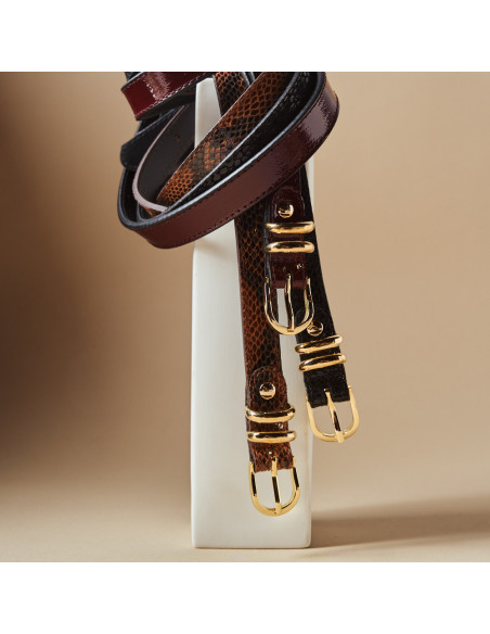 Women's Narrow Leather Belt with Gold Buckle