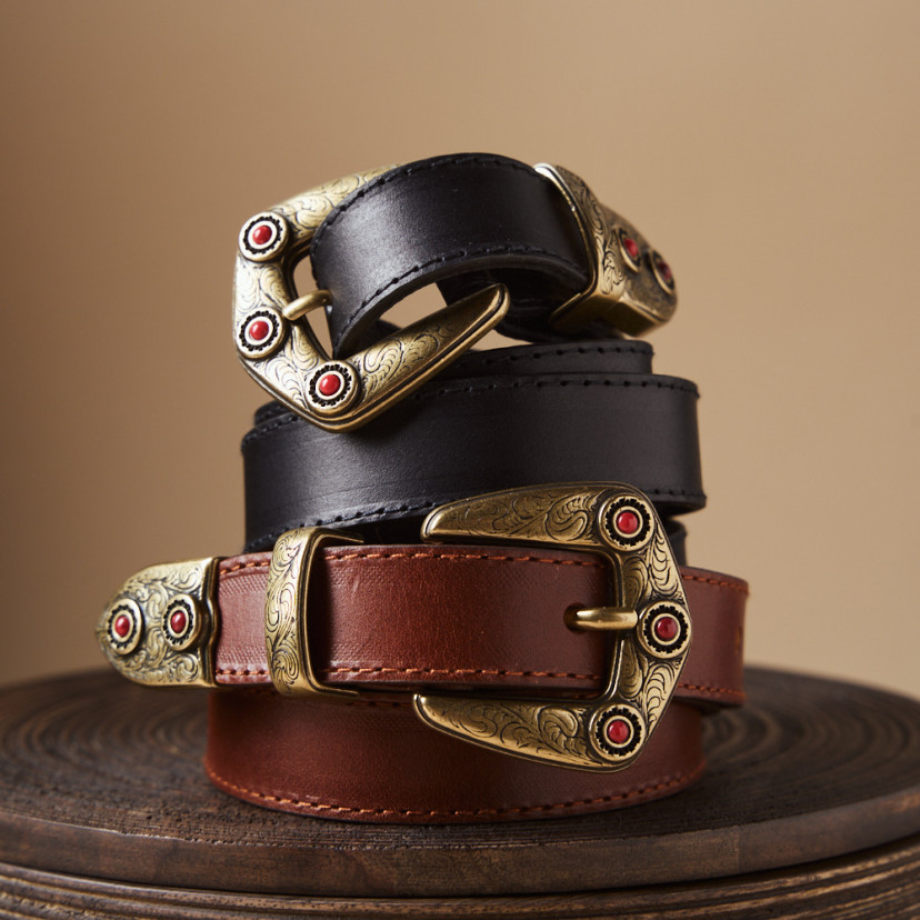 Women's Leather Belt with Coral...