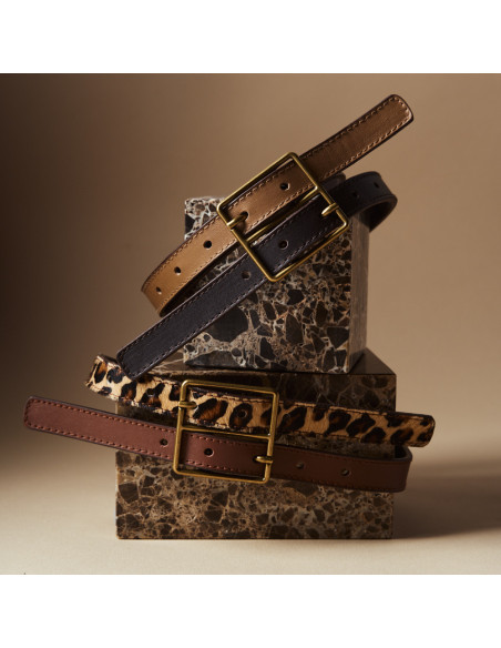 Women's Bicolor Leather Belt with Double Buckle