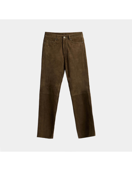 Pantaloni in Pelle Scamosciata con Cinque Tasche