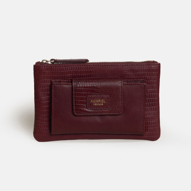 Cartera de piel señora bolsa interior en color cuero con perspectiva desde arriba apoyada sobre mesa de madera - MONPIEL 2