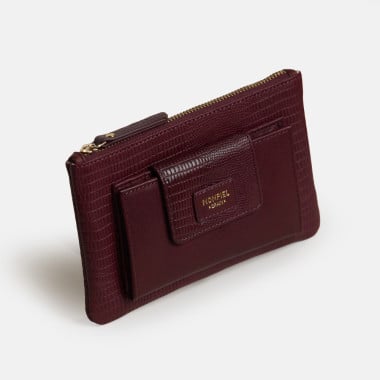 Women’s leather wallet with interior pocket in leather color, top-down perspective resting on a wooden table - MONPIEL 2