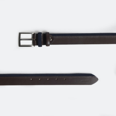 Vaquetilla and suede leather belt in navy blue, front view, on white background - MONPIEL 2