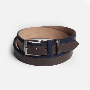 Ceinture en cuir vaquetilla et daim couleur bleu marine, vue de face, sur fond blanc - MONPIEL 2