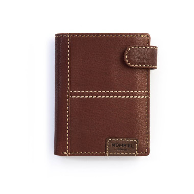 Western Wallet with snap closure and interior coin pocket in Havana color with logo, front view on white background - MONPIEL
