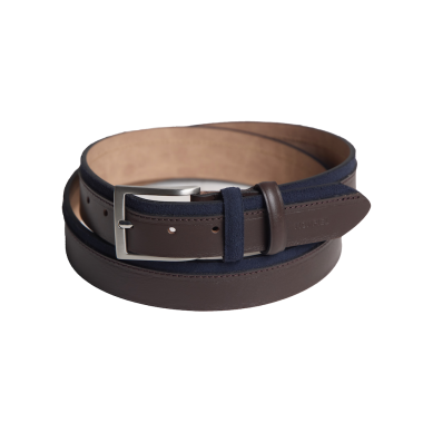 Ceinture en cuir vaquetilla et daim couleur bleu marine, vue de face, sur fond blanc - MONPIEL 2