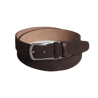Classic men's suede leather belt in leather colour with front view on white background - MONPIEL 2