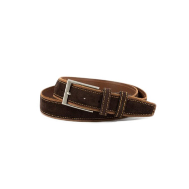 Side view of navy leather belt with metal buckle and brown side detail - MONPIEL 2