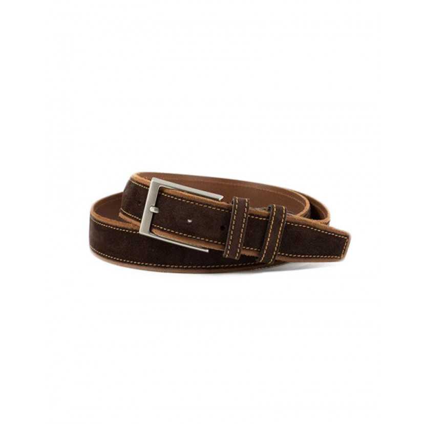 Brown leather belt with a metal buckle and suede-like texture, rolled up - MONPIEL