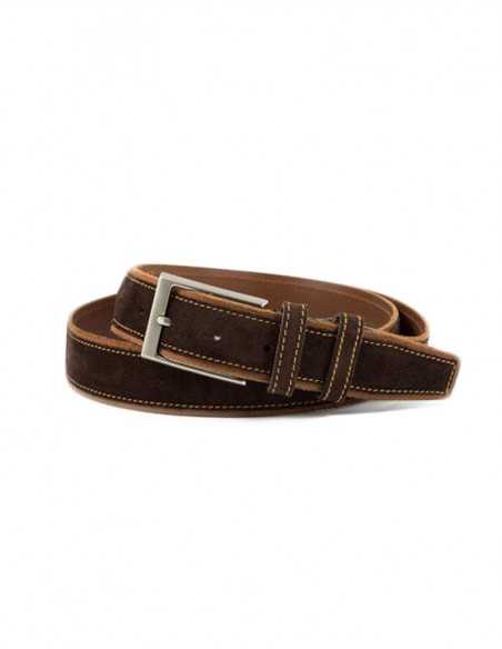 Brown leather belt with a metal buckle and suede-like texture, rolled up - MONPIEL Brown leather belt with a metal buckle and suede-like texture, rolled up - MONPIEL
