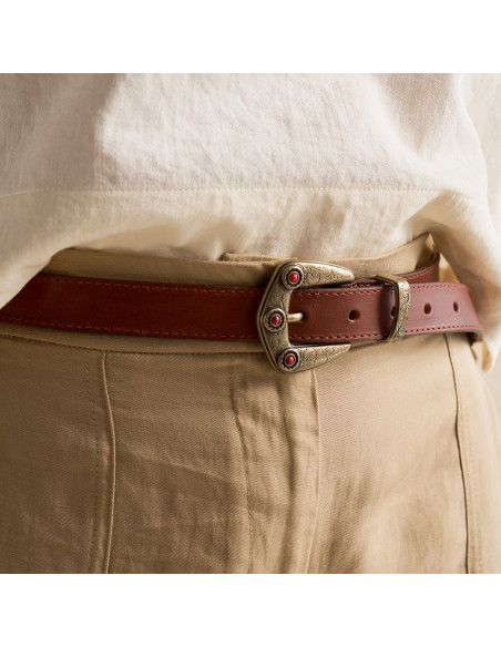 Women's Leather Belt with Coral Buckle and Tip