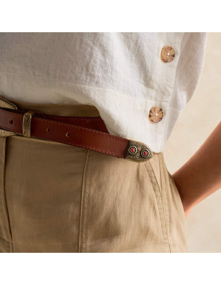 Women's Leather Belt with Coral Buckle and Tip