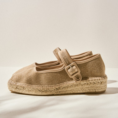 Espadrillas Mercedita Cuba beige glitter, fibbia laterale e suola di iuta, vista profilo – MONPIEL