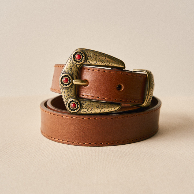 Women's Leather Belt with Coral Buckle and Tip