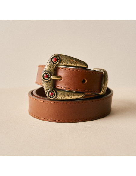Women's Leather Belt with Coral Buckle and Tip