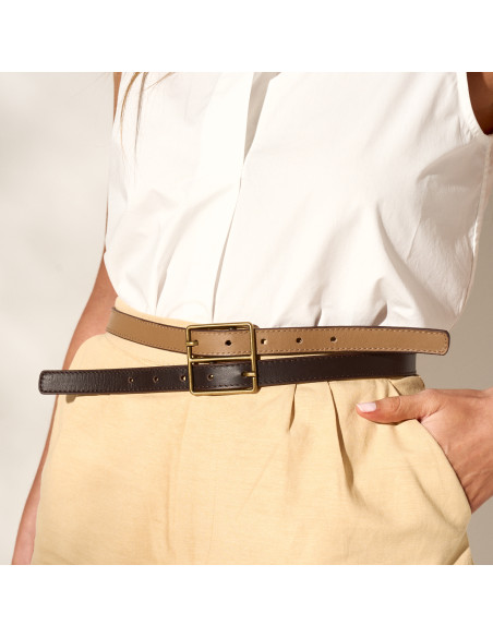 Women's Bicolor Leather Belt with Double Buckle