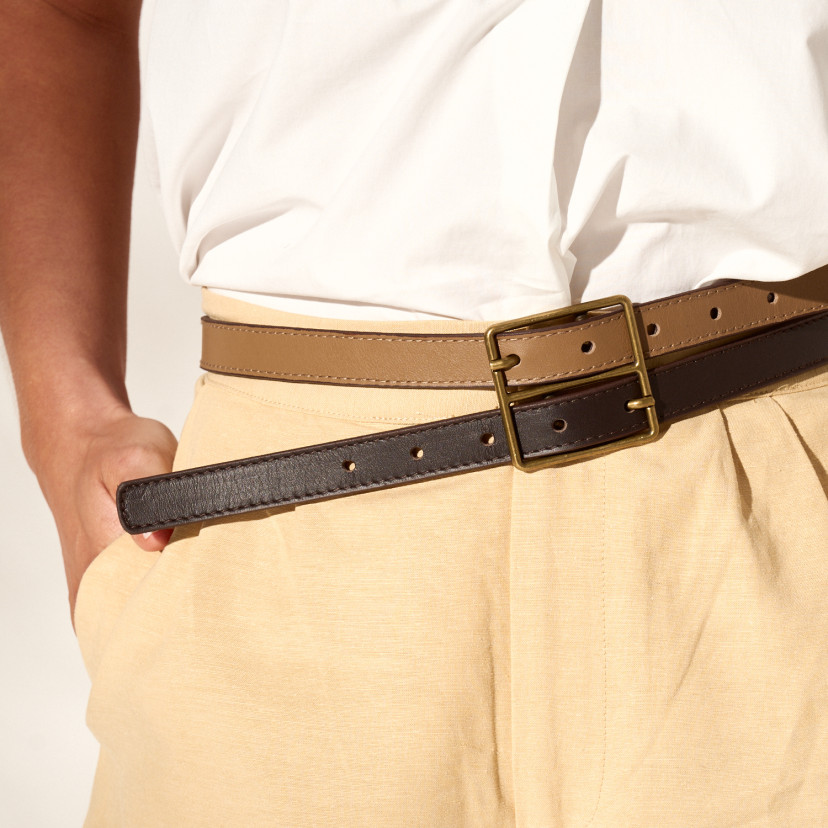 Women's Bicolor Leather Belt with Double Buckle