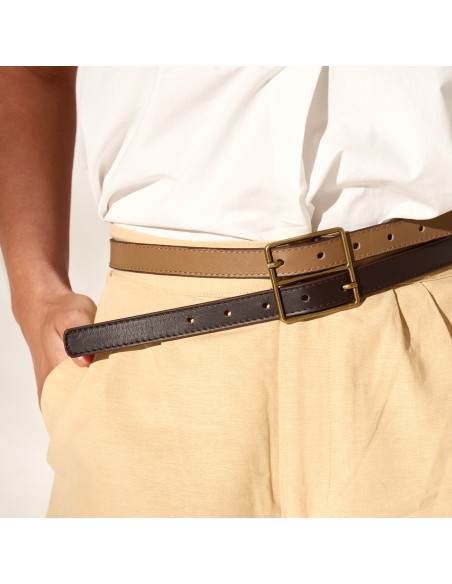 Ceinture Femme Bicolore en Cuir avec Double Boucle