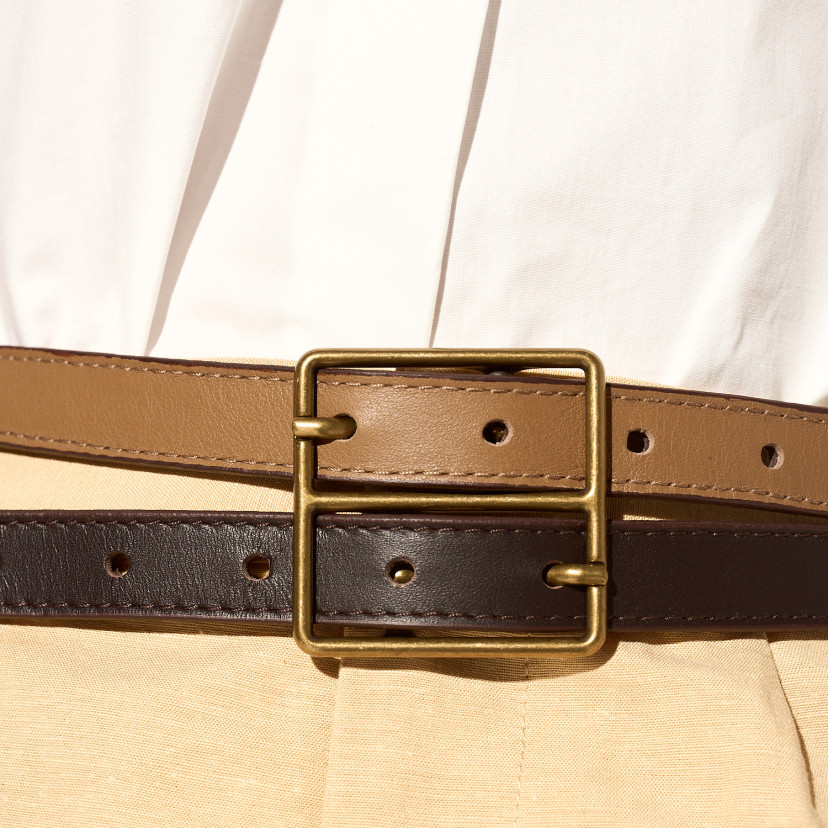 Women's Bicolor Leather Belt with Double Buckle