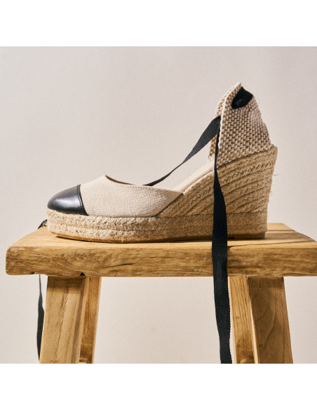 Espadrille en Cuir à Talon Compensé avec Bout Creta
