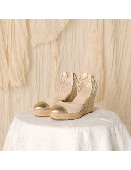 Espadrille en Cuir à Talon Compensé avec Bout Creta