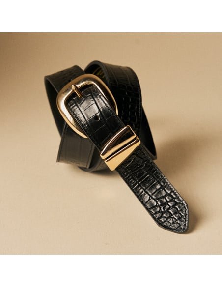 Croc-Embossed Leather Belt with Double Gold Keeper