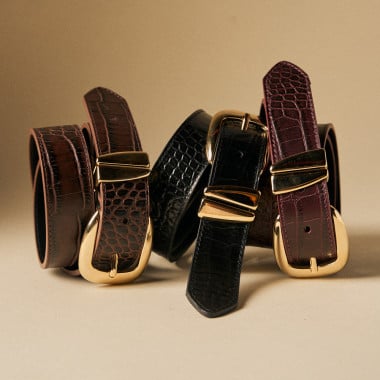Croc-Embossed Leather Belt with Double Gold Keeper