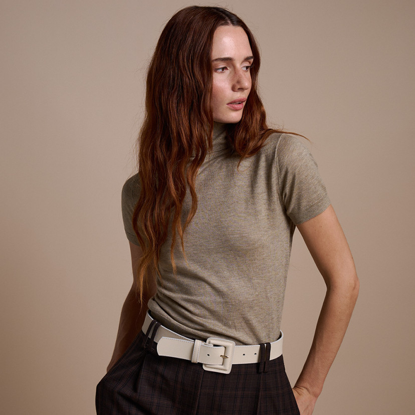 Wide leather belt with lined buckle | MONPIEL