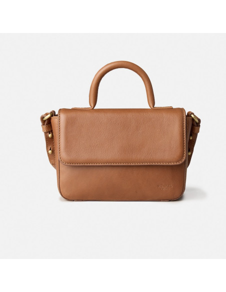 Small structured tan leather bag, full front view on white background - MONPIEL